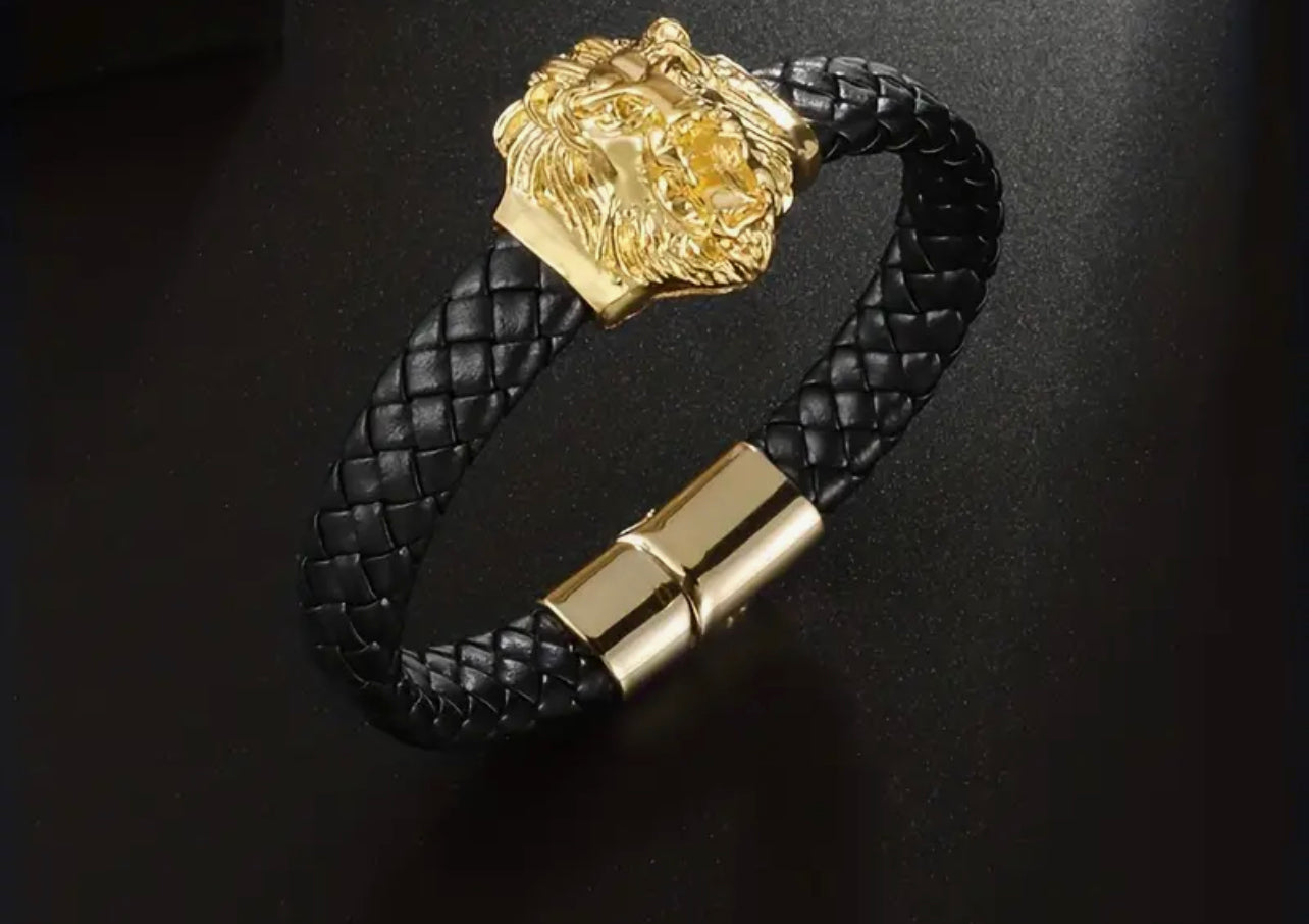 Bracelet en cuir synthétique tressé avec tête de lion, style punk classique, bracelet mode, cadeau d'anniversaire pour homme