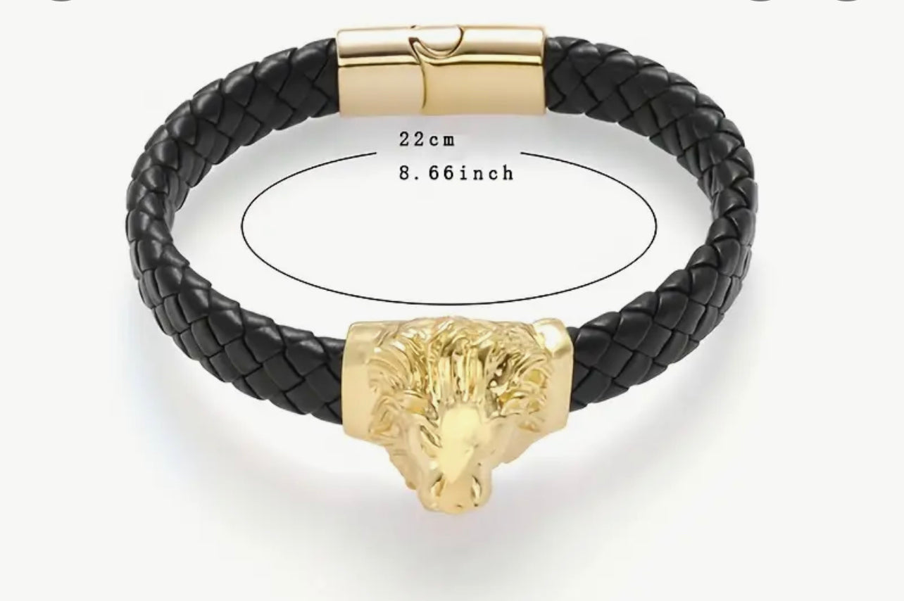Bracelet en cuir synthétique tressé avec tête de lion, style punk classique, bracelet mode, cadeau d'anniversaire pour homme