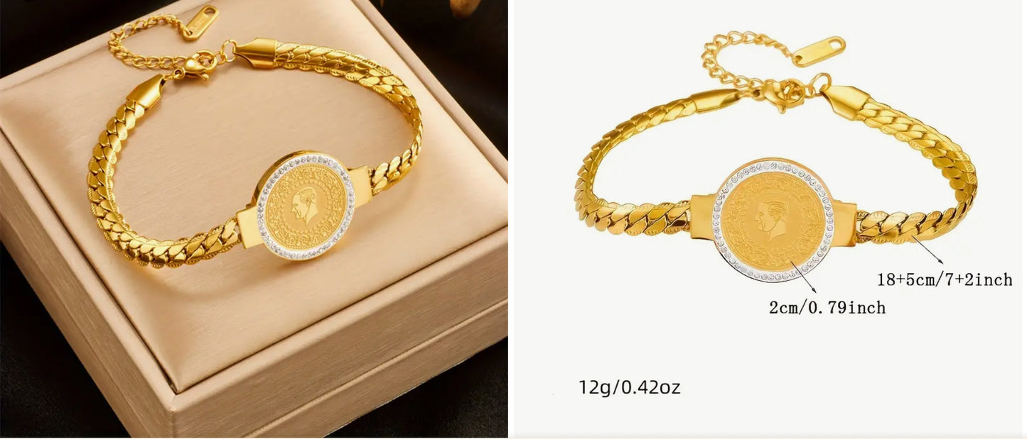 Bracelet de Pièce en Acier Inoxydable à la Mode, Bracelet Créatif avec Pièce de Tête Plaqué Or, Nouveau Style, Bijoux Élégants pour Banquet et Fête