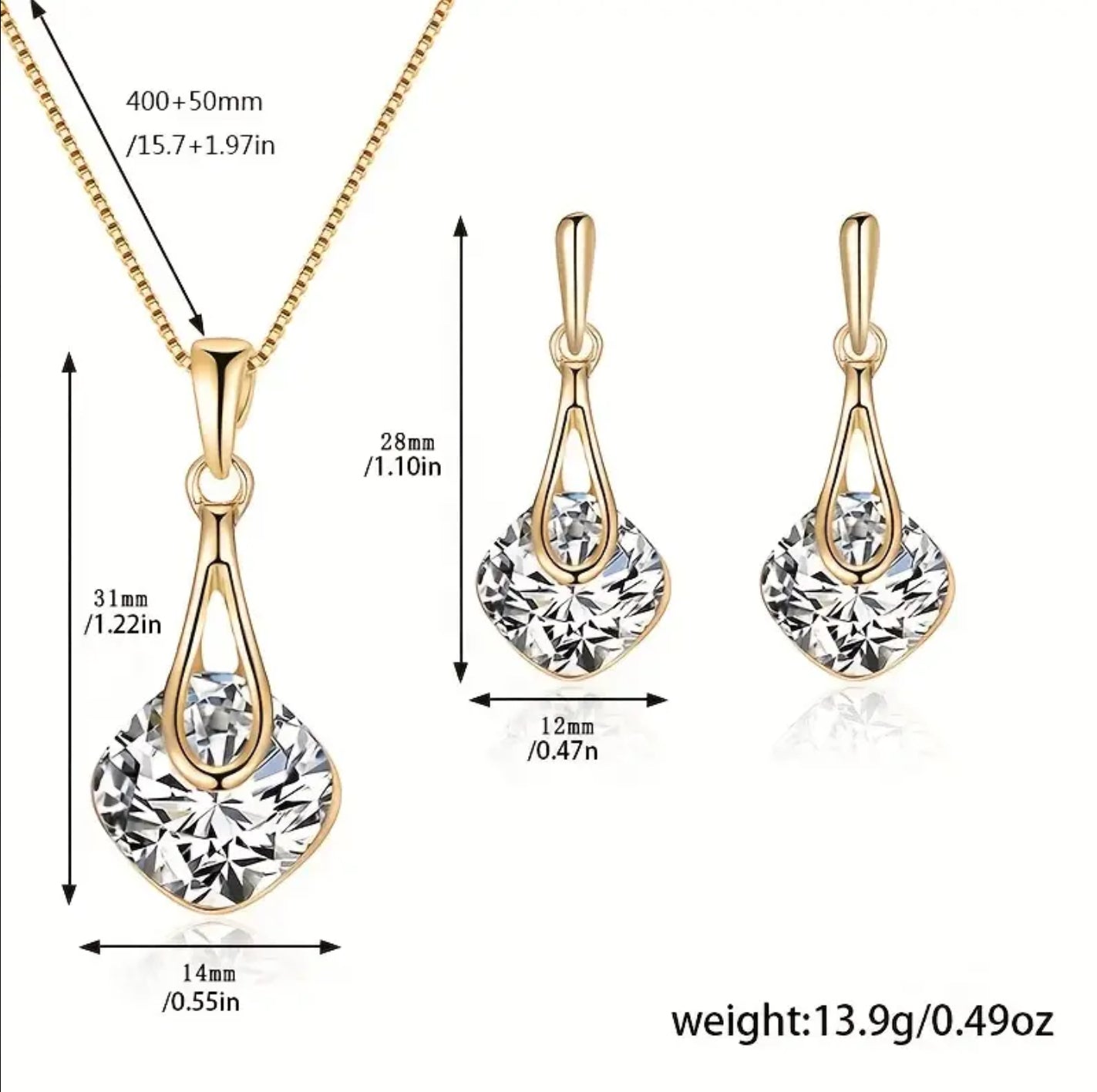 3 Pièces/ensemble Géométrique Carré Cristal Pendentif Collier Boucles D'oreilles Bijoux, Simple Losange Boucles D'oreilles Goutte