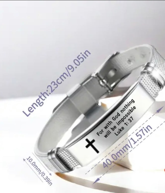 Bracelet en acier inoxydable ajustable avec croix et verset biblique "Car rien n'est impossible à Dieu" Luc 1:37 - Bijou de poignet inspirant- Style décontracté pour un usage quotidien, idéal pour offrir
