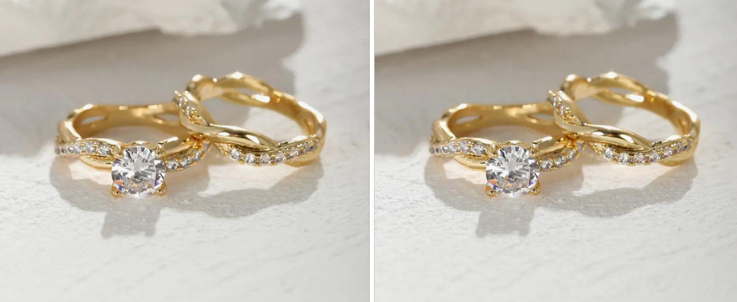 2pcs 18K Plaqué Or Twist Rond Coupe Zircone Blanche Bague Ensemble Design Classique Fiançailles Mariage Fête Vacances Pour Femmes Mariée Filles Cadeau