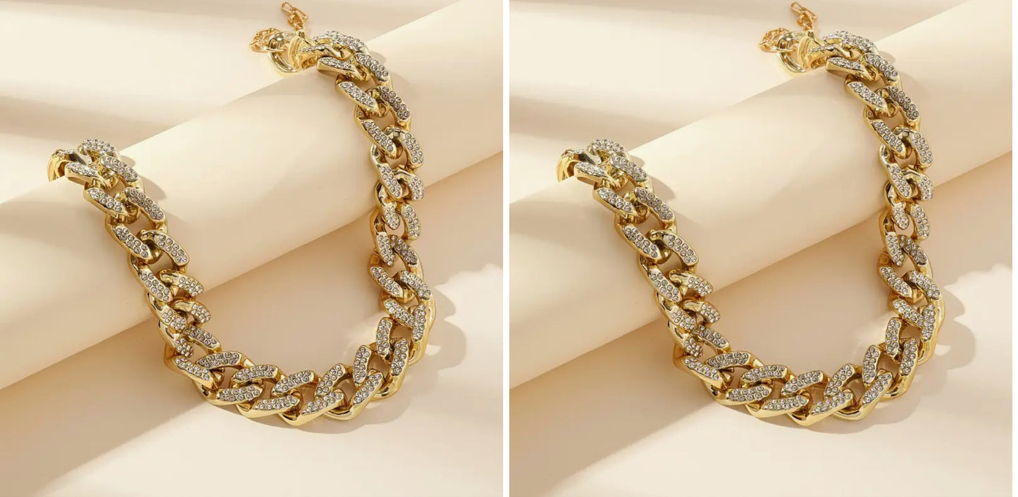 Collier Épais En Chaîne Dorée Avec Des Strass Exagérés, Style Simple, Ajustable, Bijou Pour Le Cou