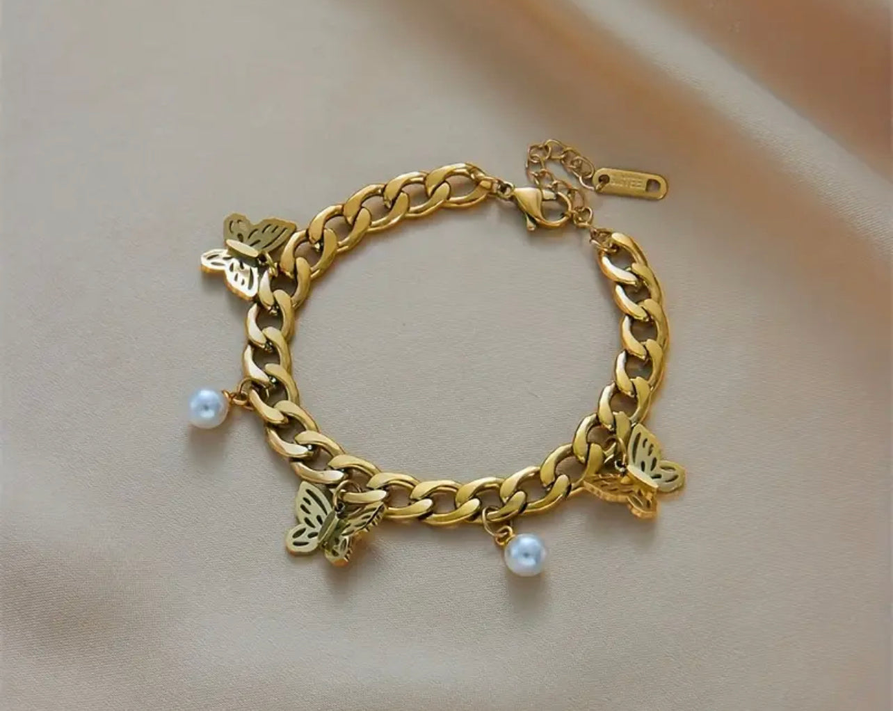 Bracelet Élégant Doré En Acier Inoxydable, Pendentif En Perles Papillon, Bijoux Créatifs À La Mode, Cadeau Pour Hommes Et Femmes, 1 Pièce