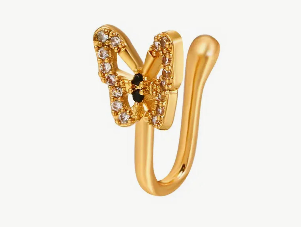 Faux anneau de nez en forme de U en forme de papillon creux avec zircone brillante incrustée Faux clip de nez