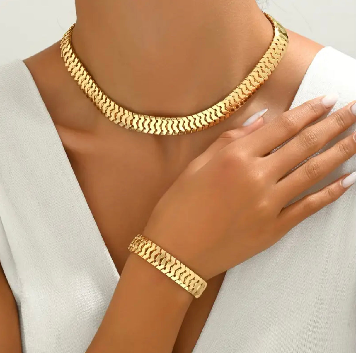 Ensemble collier et bracelet tendance en plaqué or - Ensemble de bijoux à chaîne de 2 pièces à porter au quotidien, sans mosaïque, polyvalent pour toutes les saisons