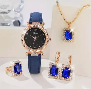 Set de bijoux vintage avec montre pierre naturelle et acier inoxydable, collier torsadé incrusté de zircone, bracelet et bague - Cadeau idéal pour petite amie , soeur ou mère