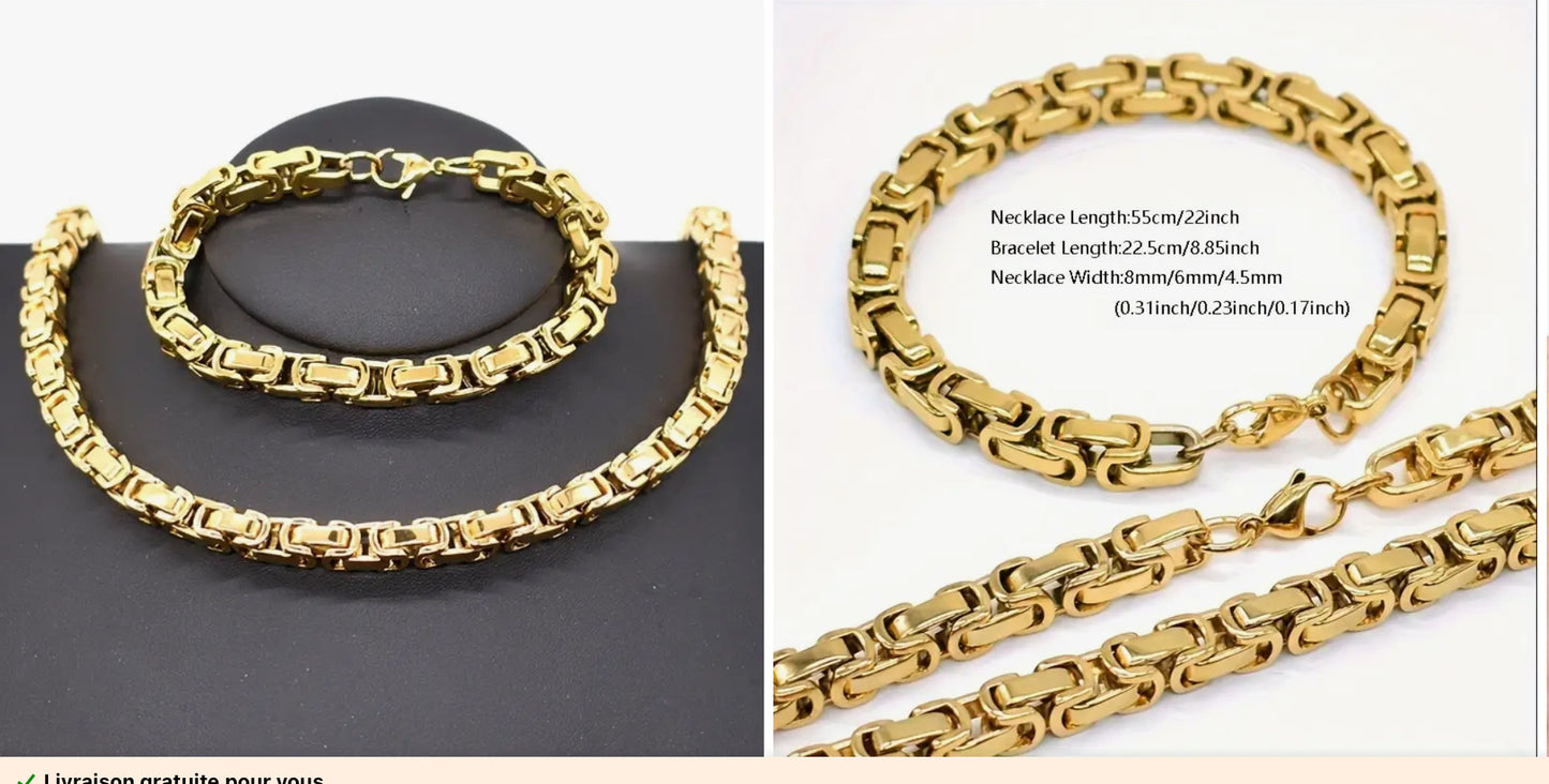 1 Ensemble de mode pour hommes en acier inoxydable 304L, enchaines réversibles, collier et bracelet, style décontracté, sans pendentif, accessoires de bijoux