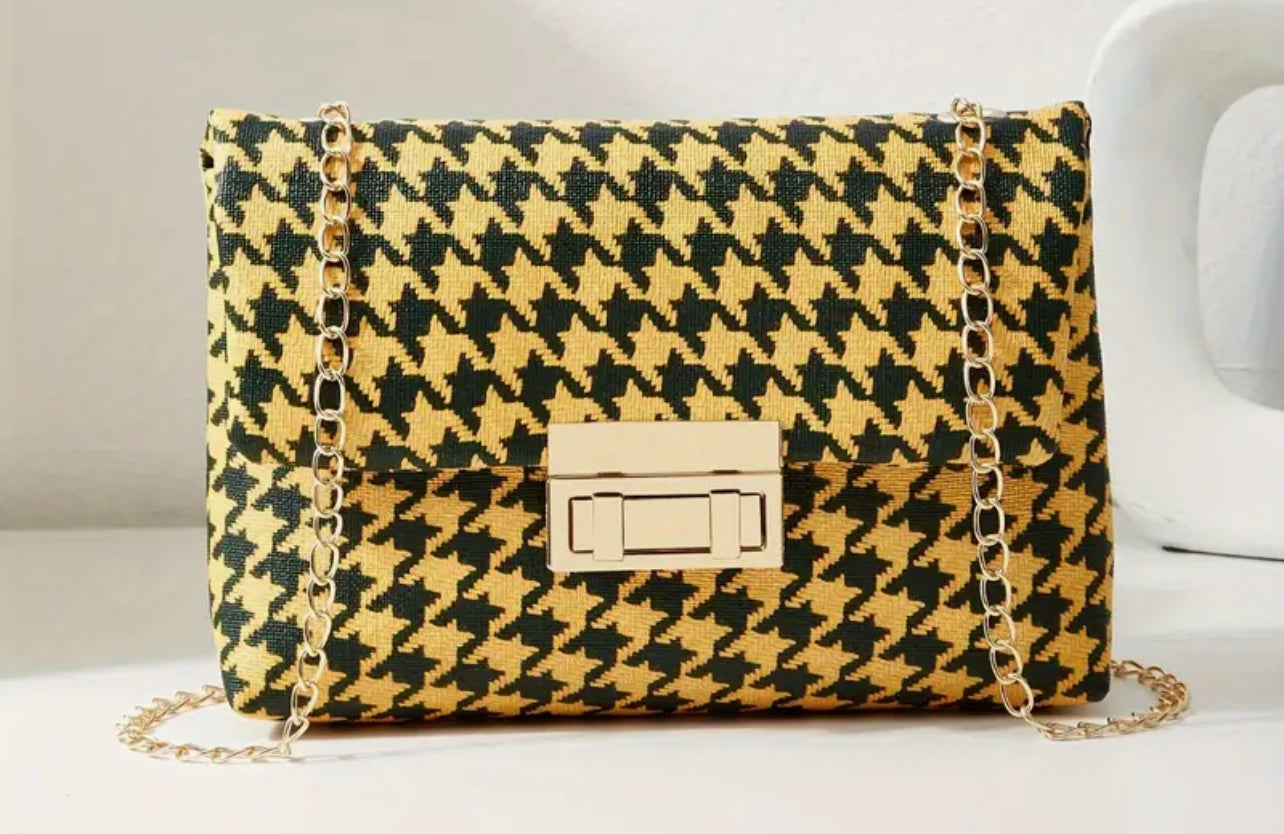 Sac à bandoulière Houndstooth, Sac à bandoulière à chaîne tendance, Sac à main carré à rabat avec serrure pour femme