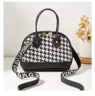Sac Boston Pied-de-poule Chic pour Femme - Bandoulière Ajustable, Fermeture Éclair, Doublure en Polyester, Sac à Main et Bandoulière Tendance