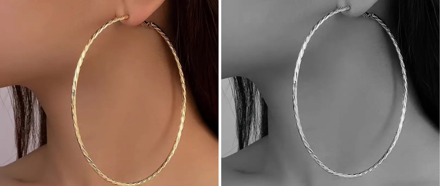 Grands Boucles d'Oreilles Créoles à Motif Gravé Audacieux - Design Géométrique Vintage & Sexy, Tiges en Acier Inoxydable, Parfaites pour le Quotidien, les Vacances, les Rendez-vous & les Voyages