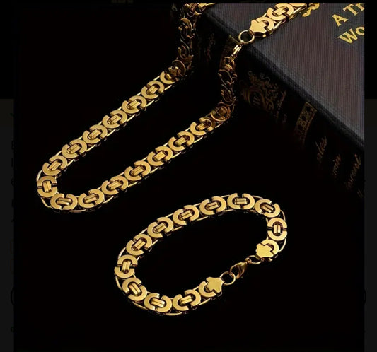 Ensemble Collier & Bracelet pour Homme Élégant en Acier Inoxydable Doré - 11mm de Large, Chaîne à Maillons Plats en Forme de U
