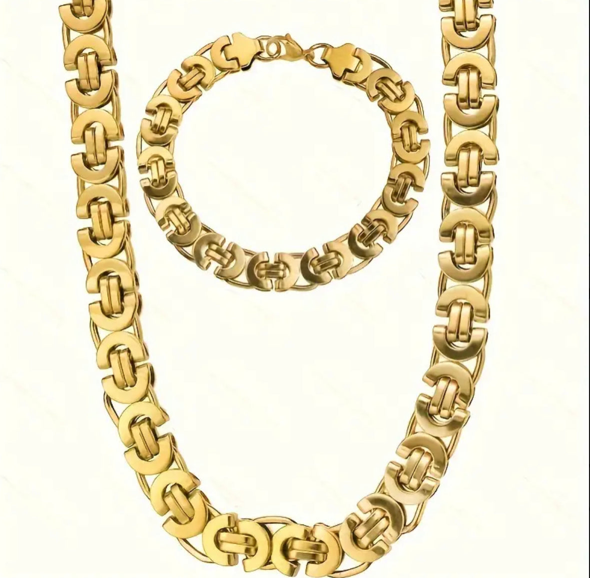 Ensemble Collier & Bracelet pour Homme Élégant en Acier Inoxydable Doré - 11mm de Large, Chaîne à Maillons Plats en Forme de U