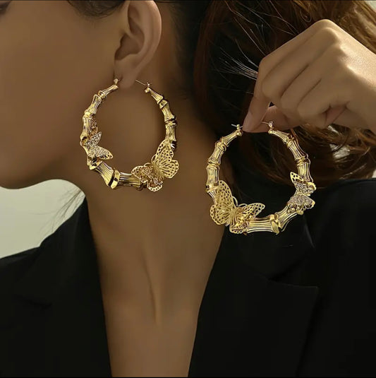 Boucles d'Oreilles Créoles Papillon Doré d'Inspiration Vintage - Tiges en Acier Inoxydable, Artisanat en Fer pour Tenue Décontractée, Bambou, Créatif