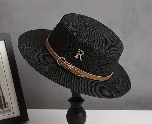 Élégant Chapeau De Paille Plat Avec Ceinture Décorative Style Français Chapeau De Soleil Classique De Voyage Pour Femmes